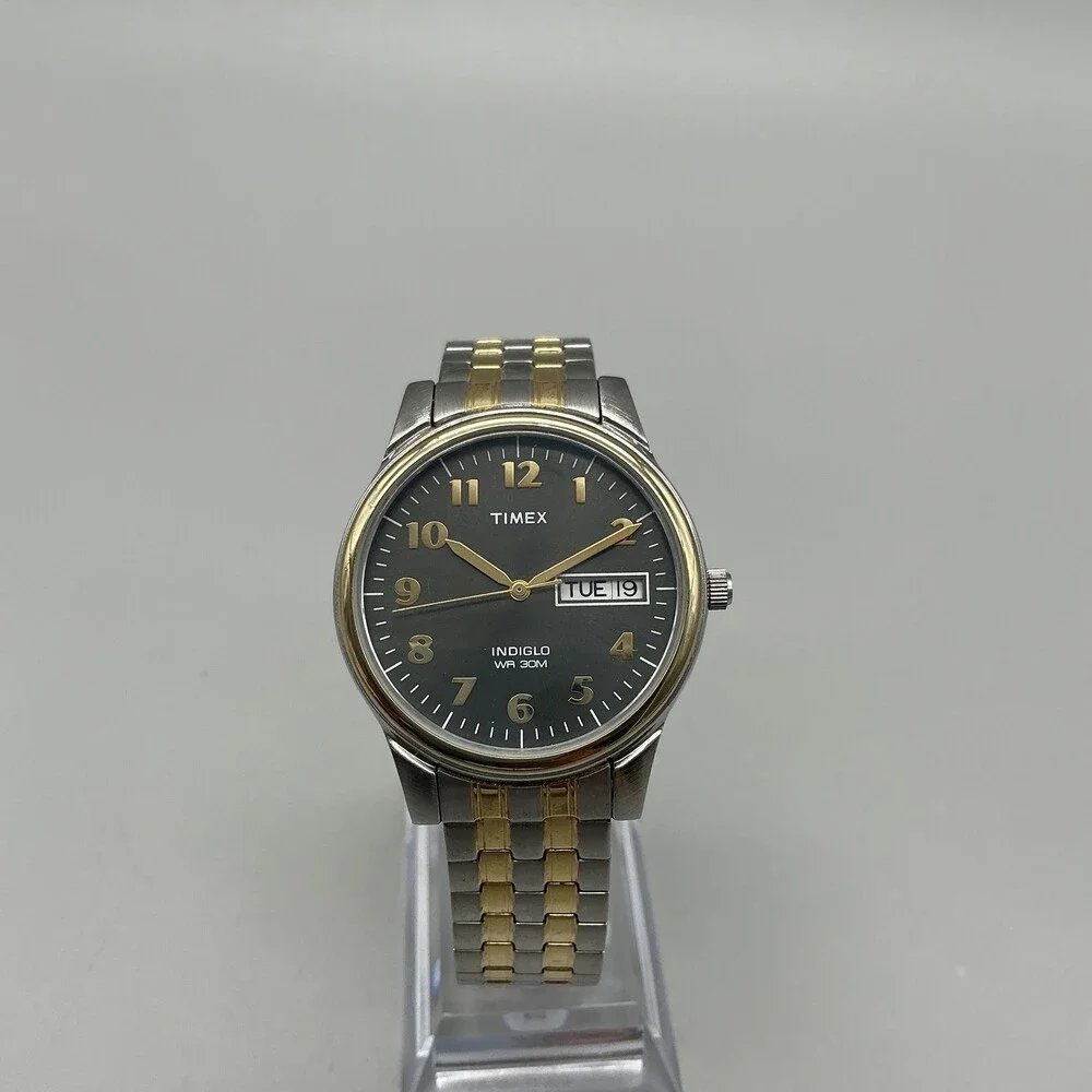 Timex Indiglo Mens Watch 35mm Black Dial Two Tone Bracelet Day Date New Battery